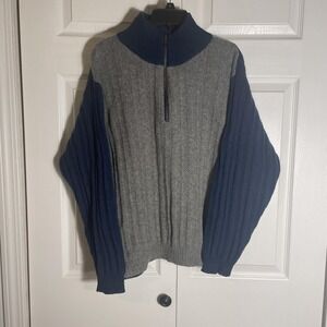 Jeanswest Sweater Mens Large Gray Blue Half Zip Mock Neck Shetland Wool Ribbed‎